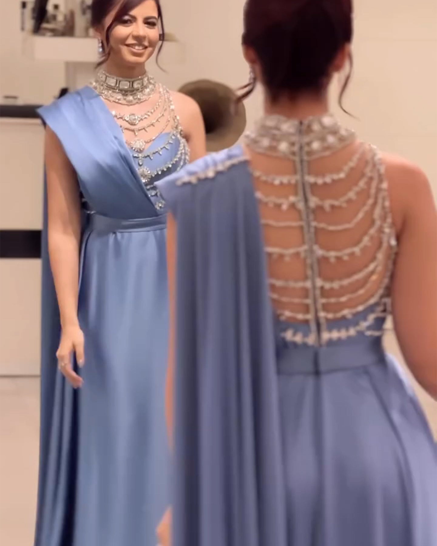 Elegant Blue Luxury Crystal Evening Gowns with Cape SS300