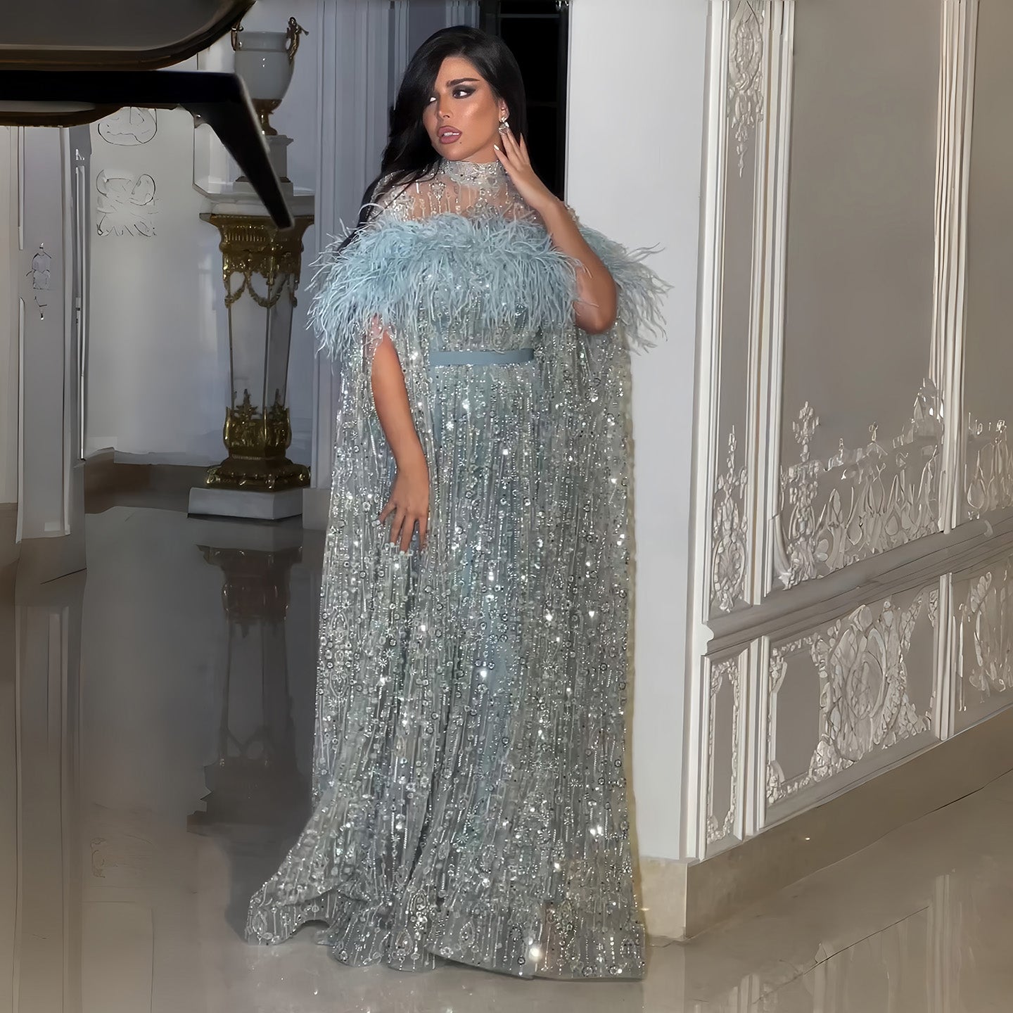 Luxury Beaded Dubai Kaftan Feathers Evening Dress with Cape Sleeves SS665