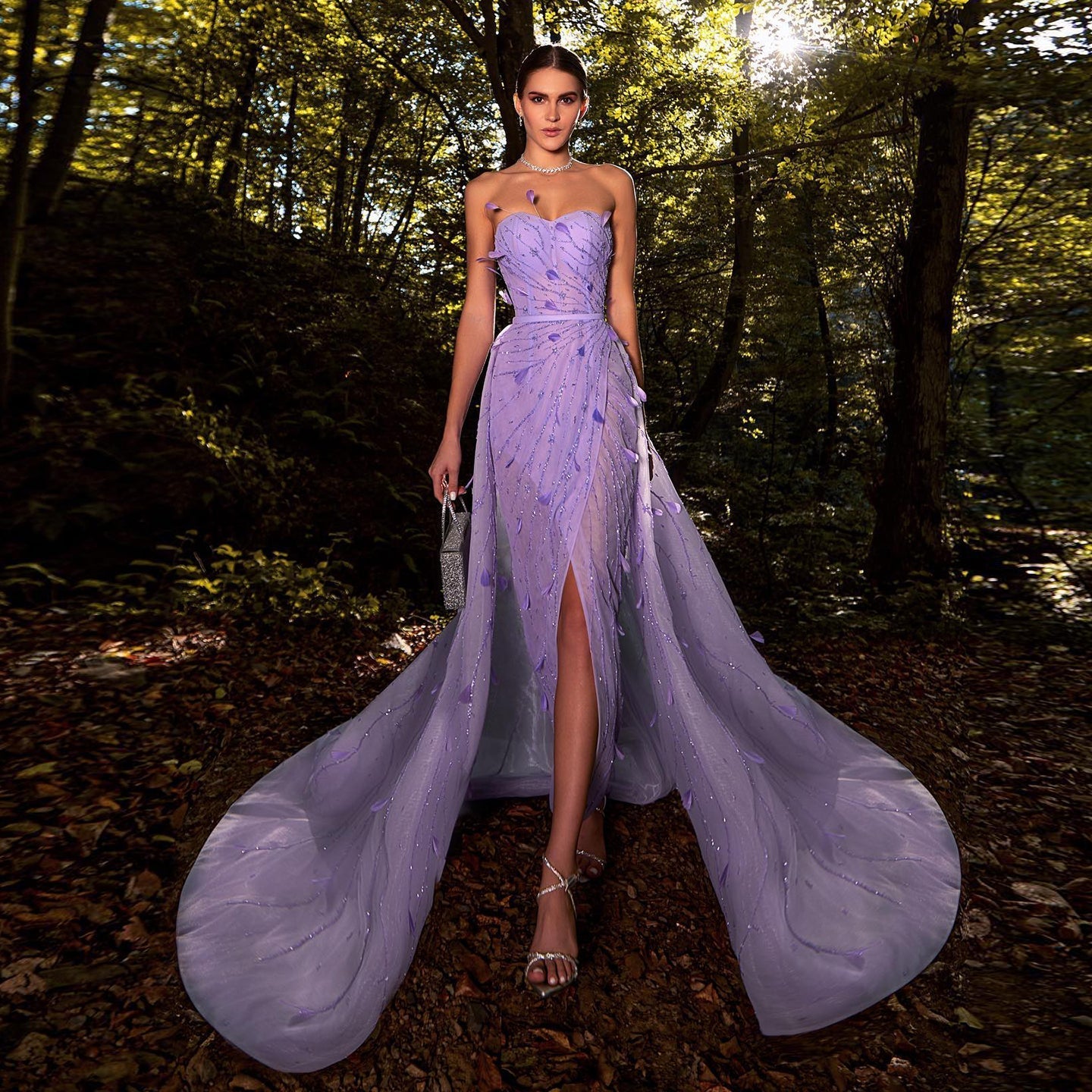 Luxury Feathers Beaded Lilac Evening Dress with Overskirt SS456  Lilac / US 16