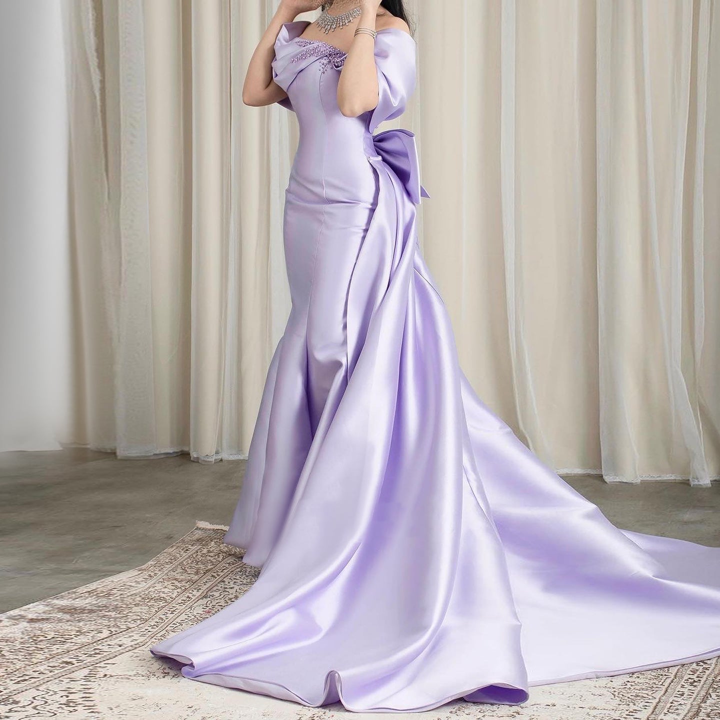 Elegant Off Shoulder Lilac Evening Dress with Overskirt SS400  Lilac / US 16