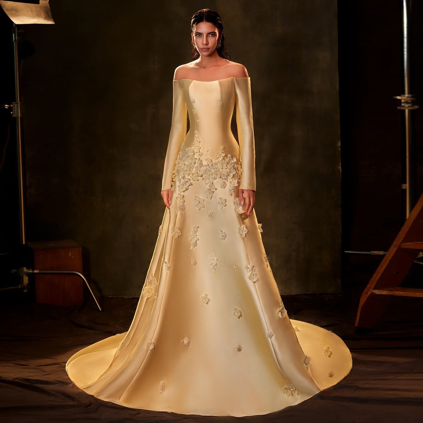 Elegant Off Shoulder Yellow 3D Flowers Evening Dress SS537  Yellow / US 16