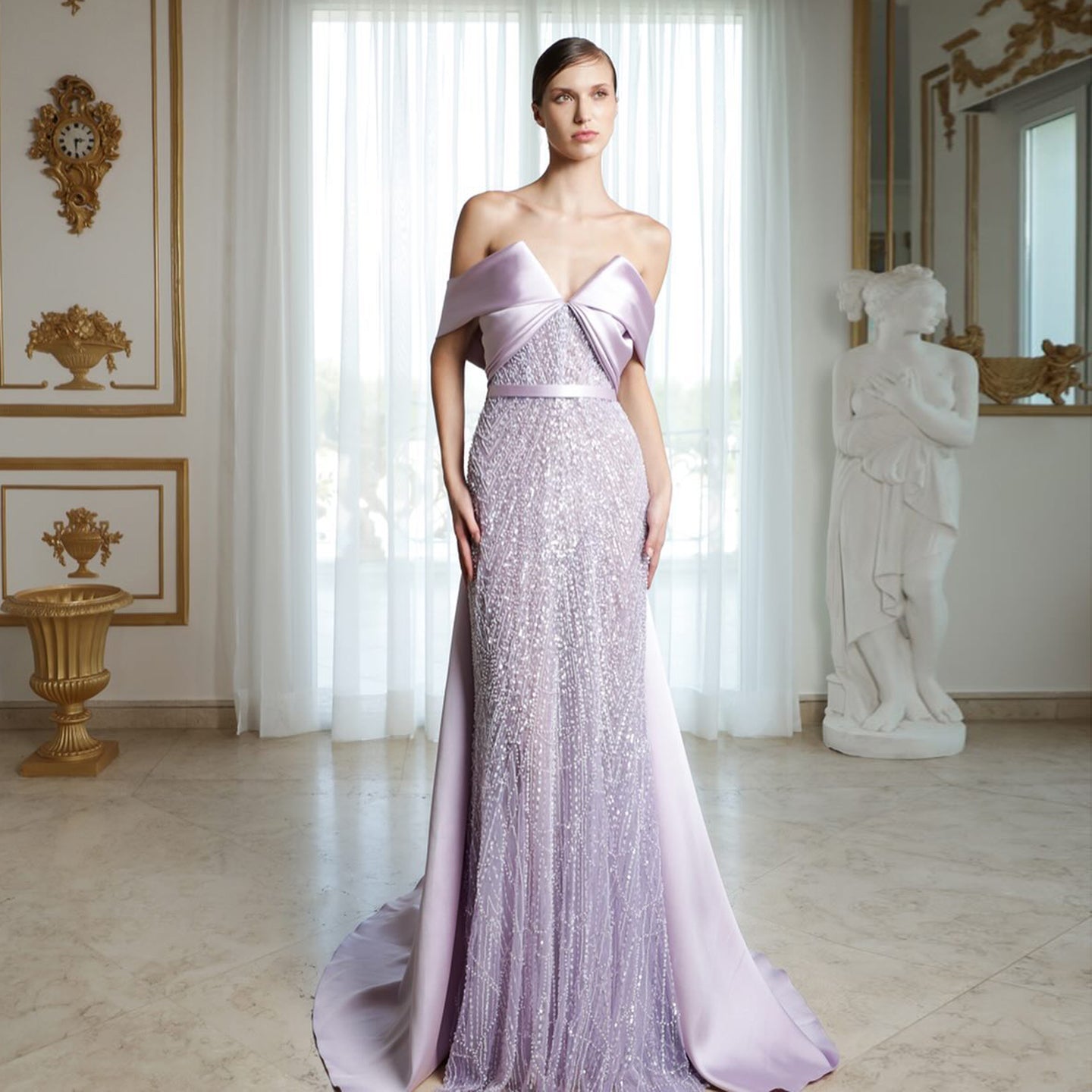 Luxury Beaded Off Shoulder Lilac Evening Dress SS624