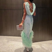 Luxury Feather Sage Green Criss Cross Evening Dress SS436