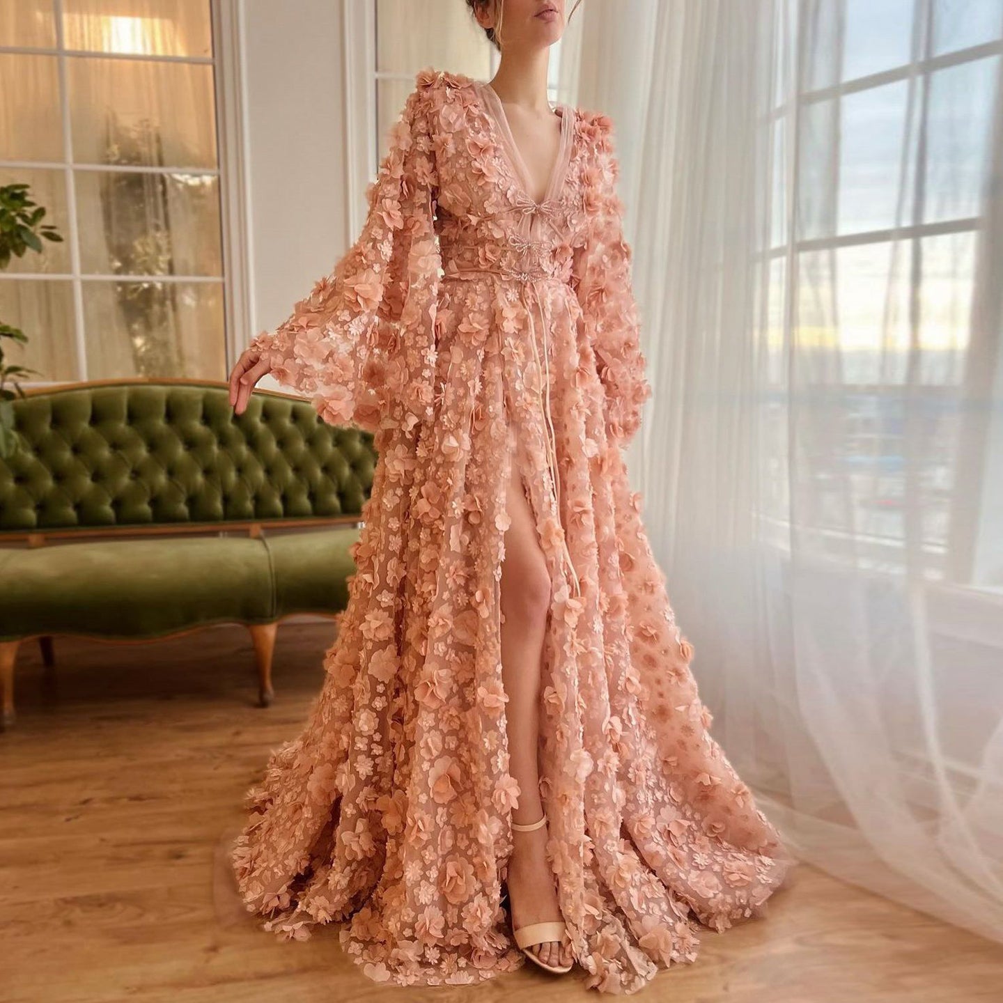 Arabic Peach-Pink 3D Flowers Long Sleeves Evening Dresses SS295