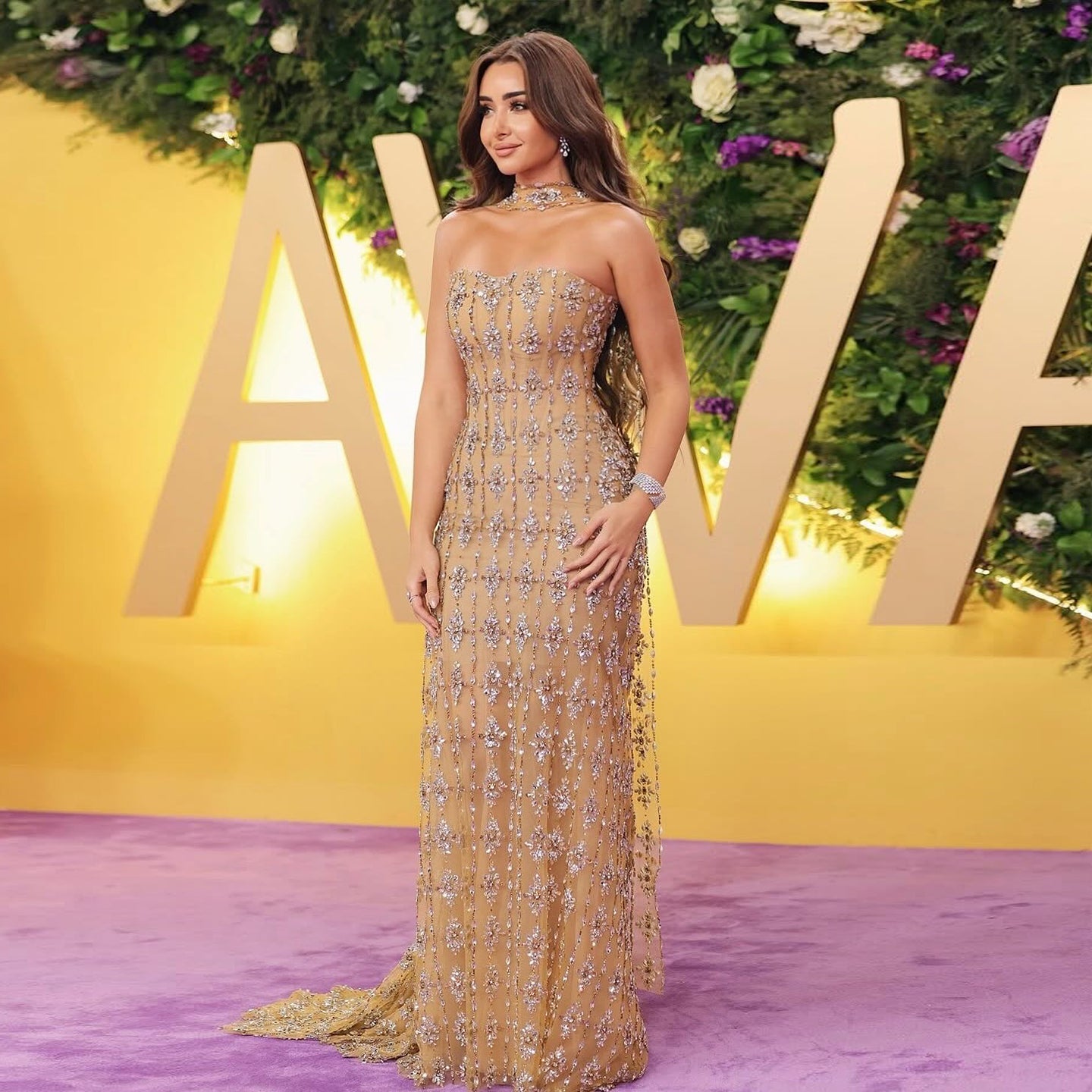 Luxury Beaded Nude Strapless Evening Dress with Scarf SS229