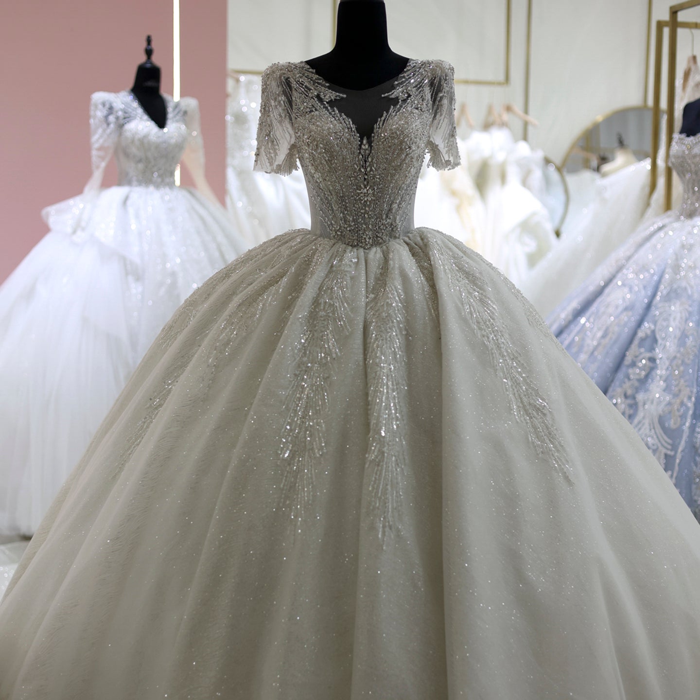 Luxury Beaded Short Sleeves Ball Gown Wedding Dress RS021  White / Custom Made