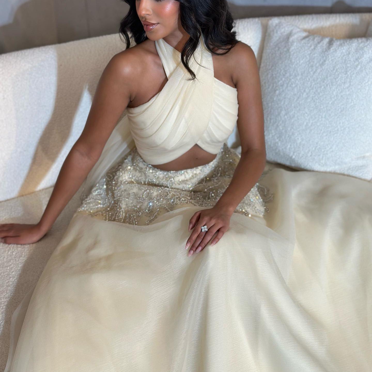 Luxury Crystal Halter Beige Evening Dress SS444
