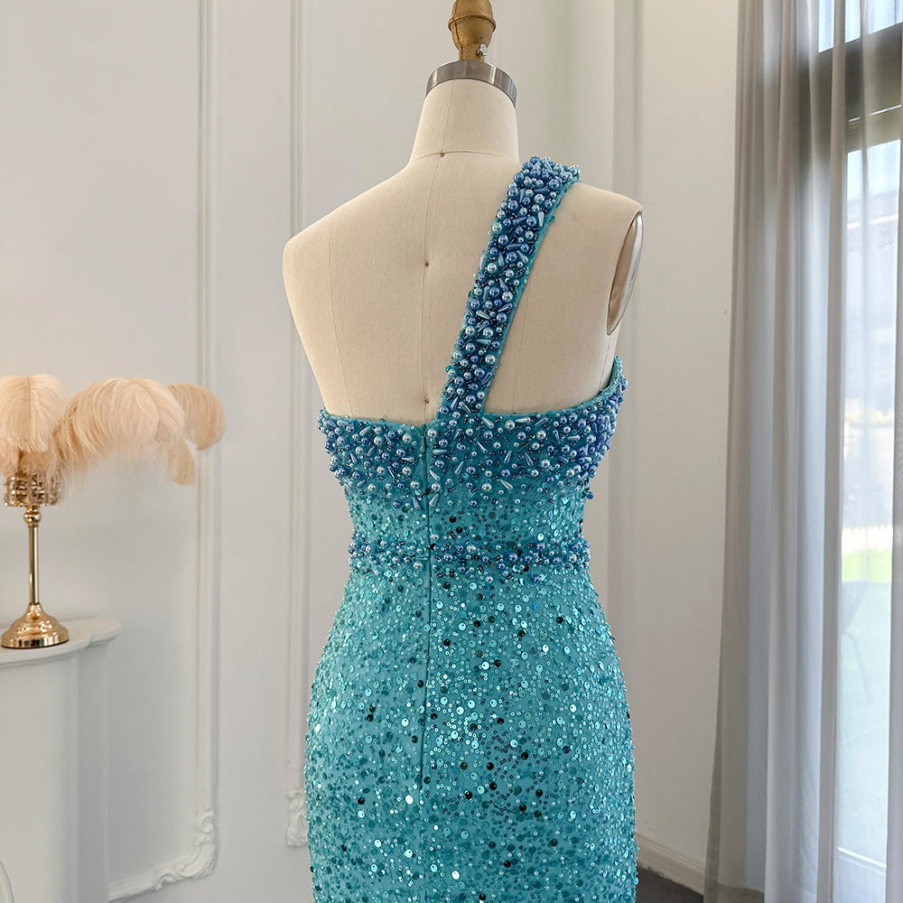 Dreamy Vow Luxury Dubai Turquoise Blue Mermaid Evening Dresses for Women Wedding One Shoulder Arabic Formal Party Gowns 336