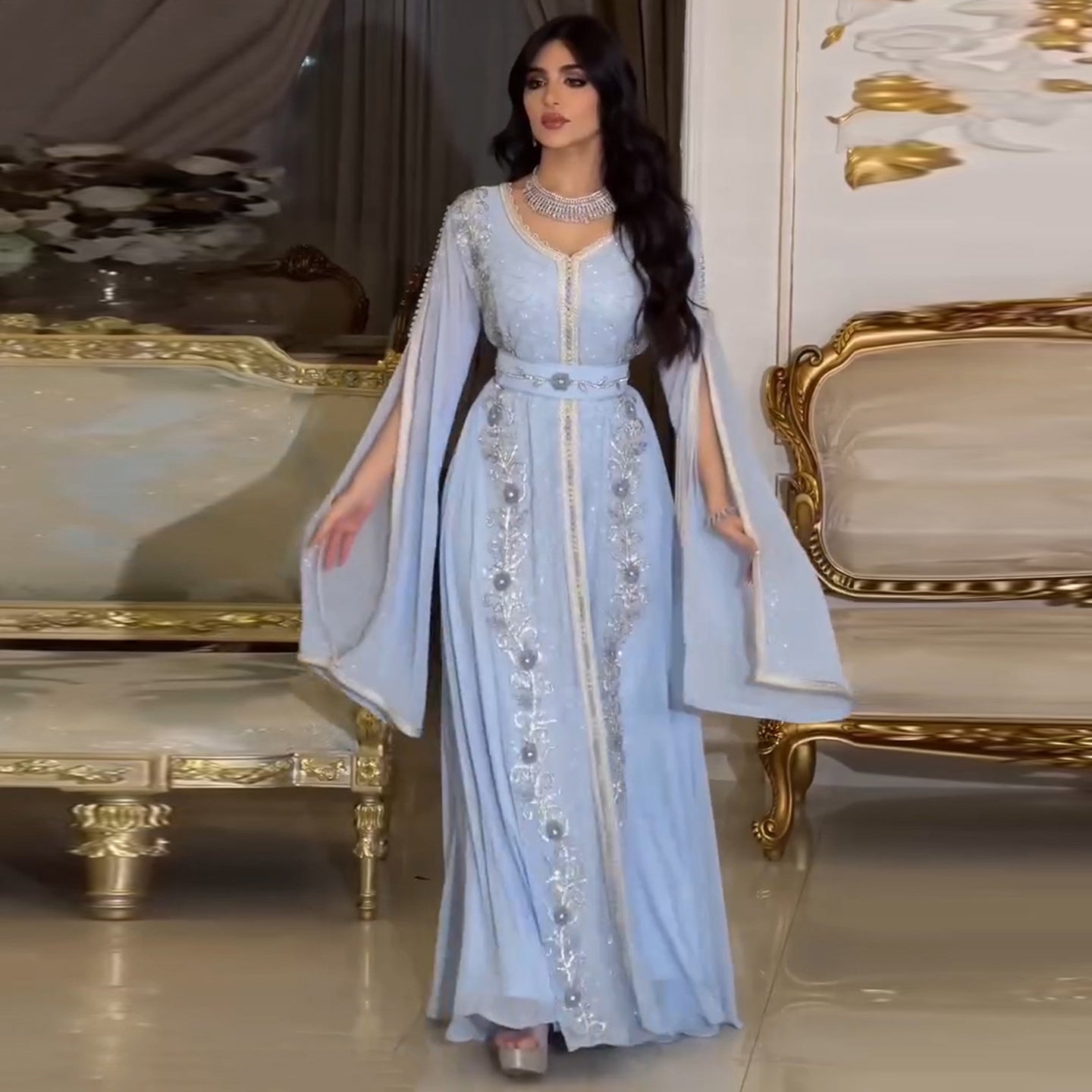 Luxury Moroccan Kaftan Blue Long Sleeve Evening Dress SS404  Blue / US 16