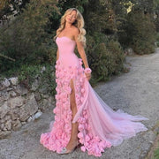 Chic Pink 3D Flowers Strapless Mermaid Evening Dress Side Slit SS207 Sharon Said