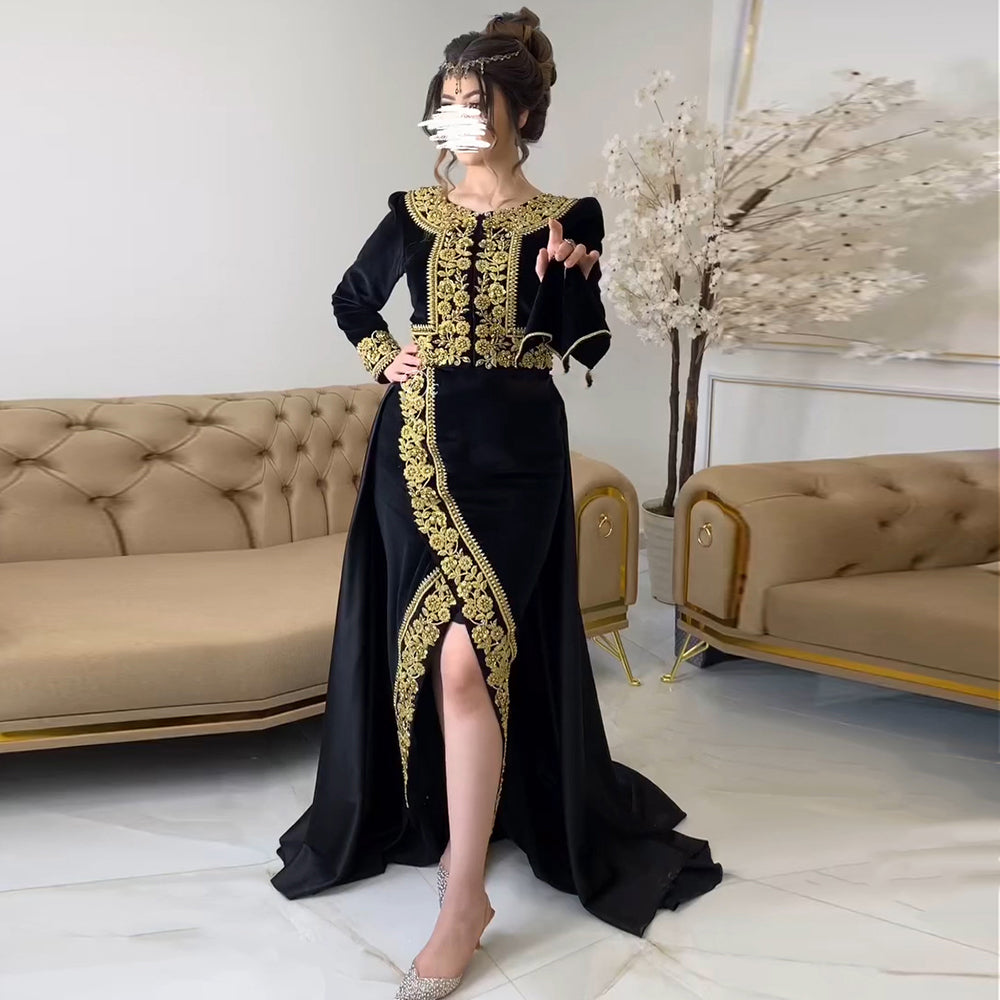 Elegant Black Crystal Two Pieces Evening Dress with Slit SS458