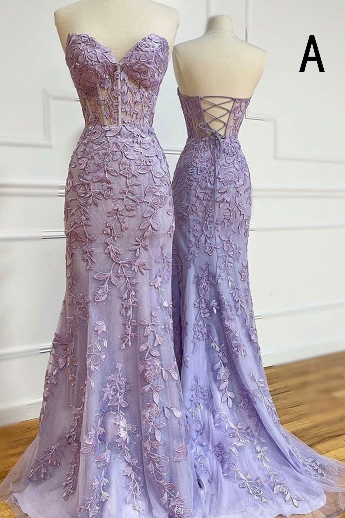 A-line Sweetheart Spaghetti Straps Sweep Train Lace Prom Dress With Beading-433