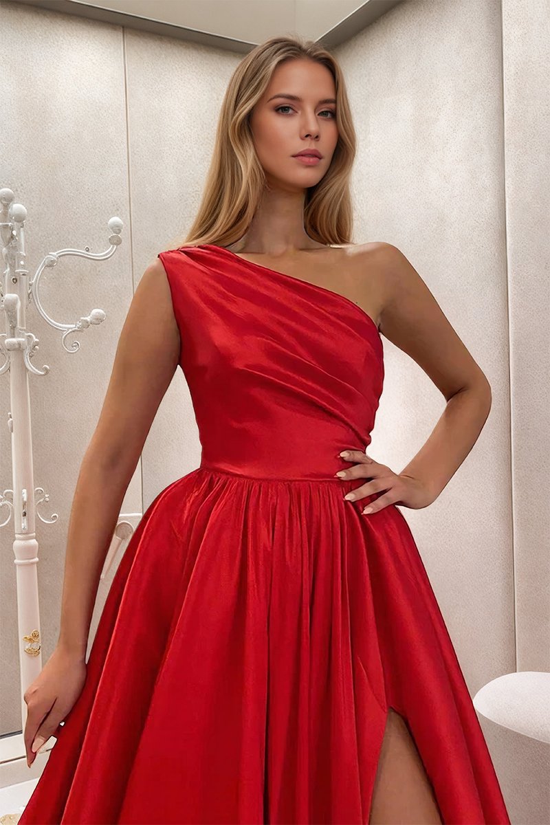 A-line One-Shoulder Satin Prom Dress With Pleated Split-774