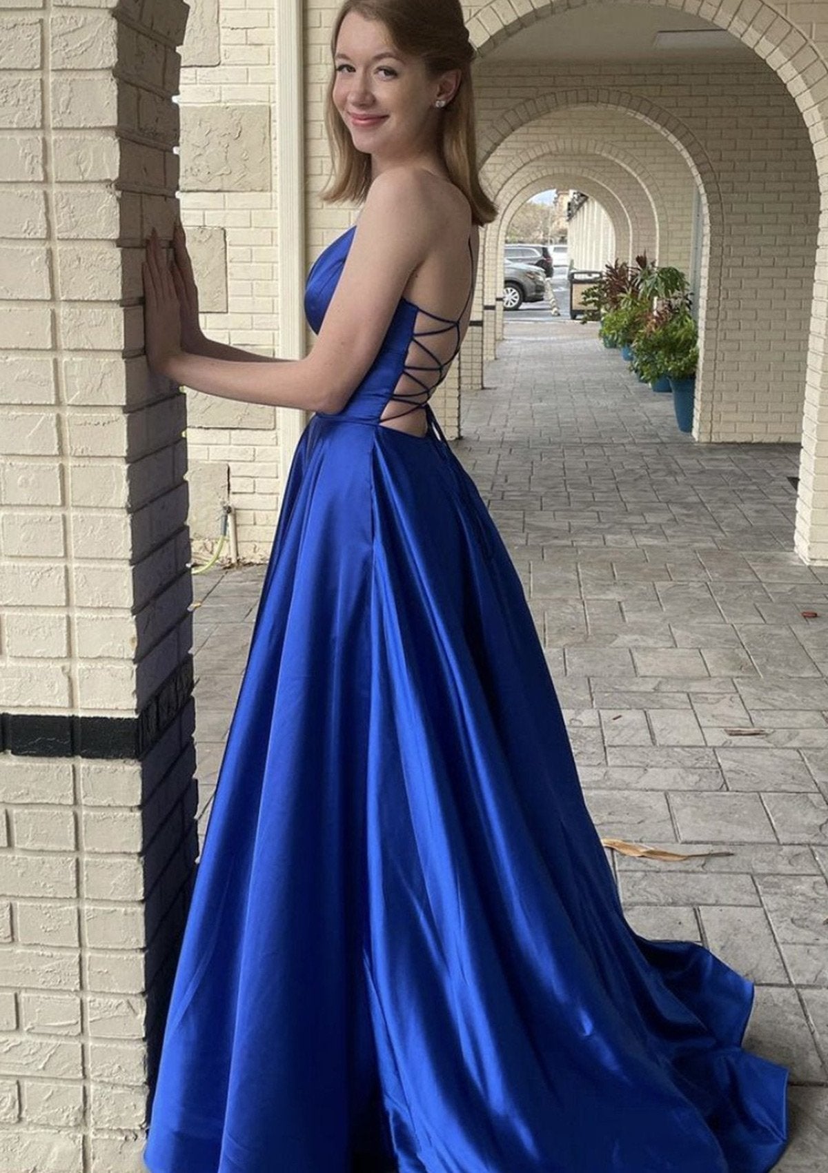 A-line V Neck Spaghetti Straps Sweep Train Charmeuse Prom Dresses With Pockets