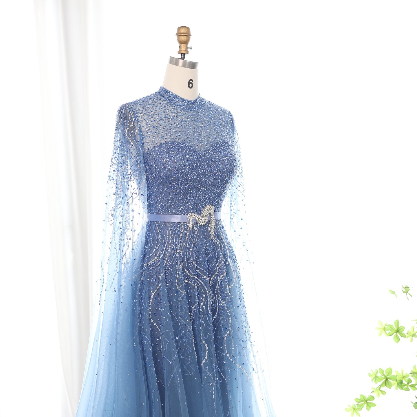 Luxury Blue High Neck Evening Dress with Cape Sleeves SS451