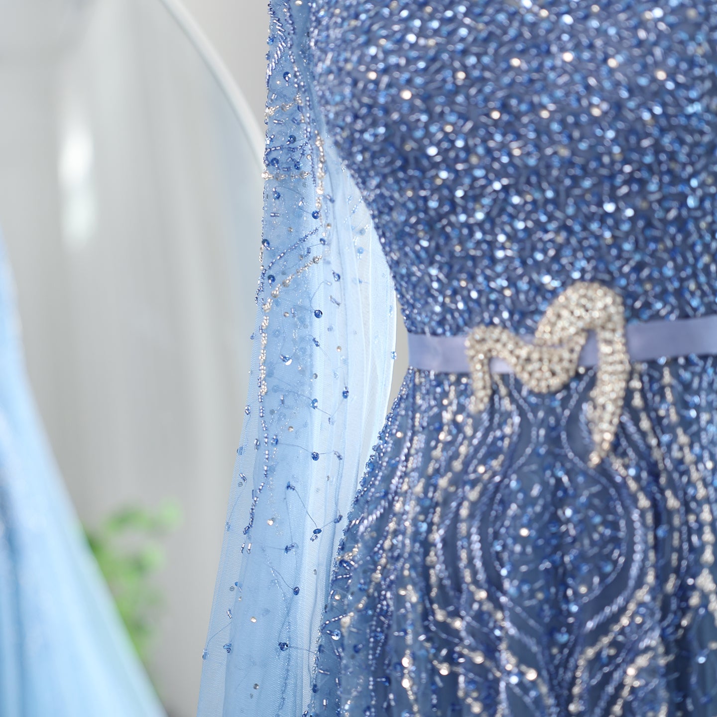 Luxury Blue High Neck Evening Dress with Cape Sleeves SS451