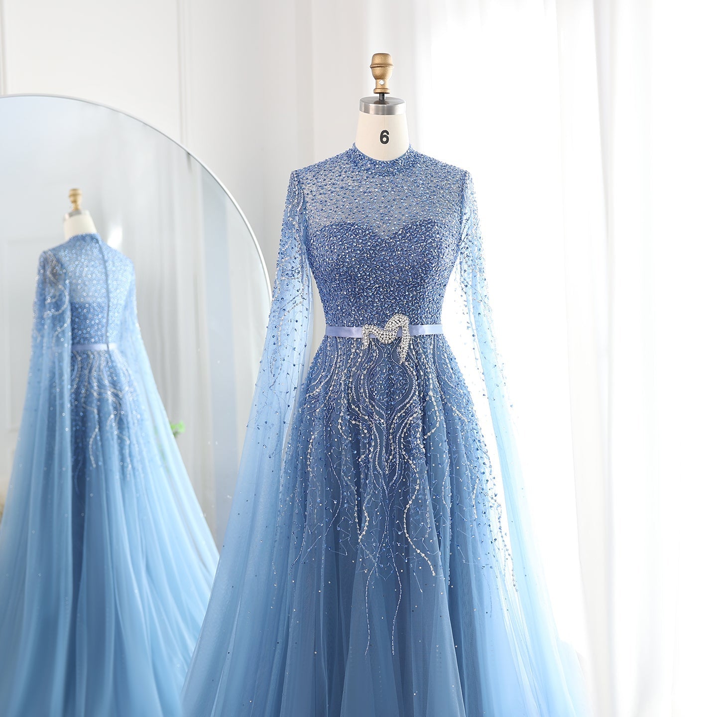 Luxury Blue High Neck Evening Dress with Cape Sleeves SS451