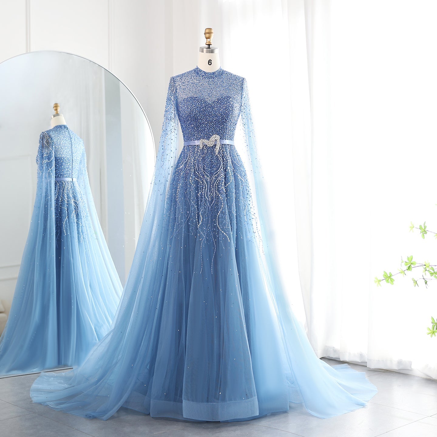 Luxury Blue High Neck Evening Dress with Cape Sleeves SS451  Blue / US 20