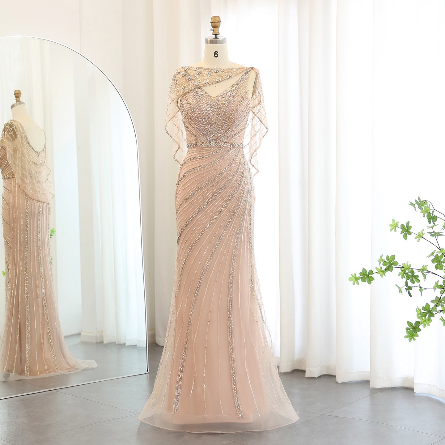 Luxury Champagne Beaded Mermaid Evening Dress with Cape SS122  Champagne / US 16