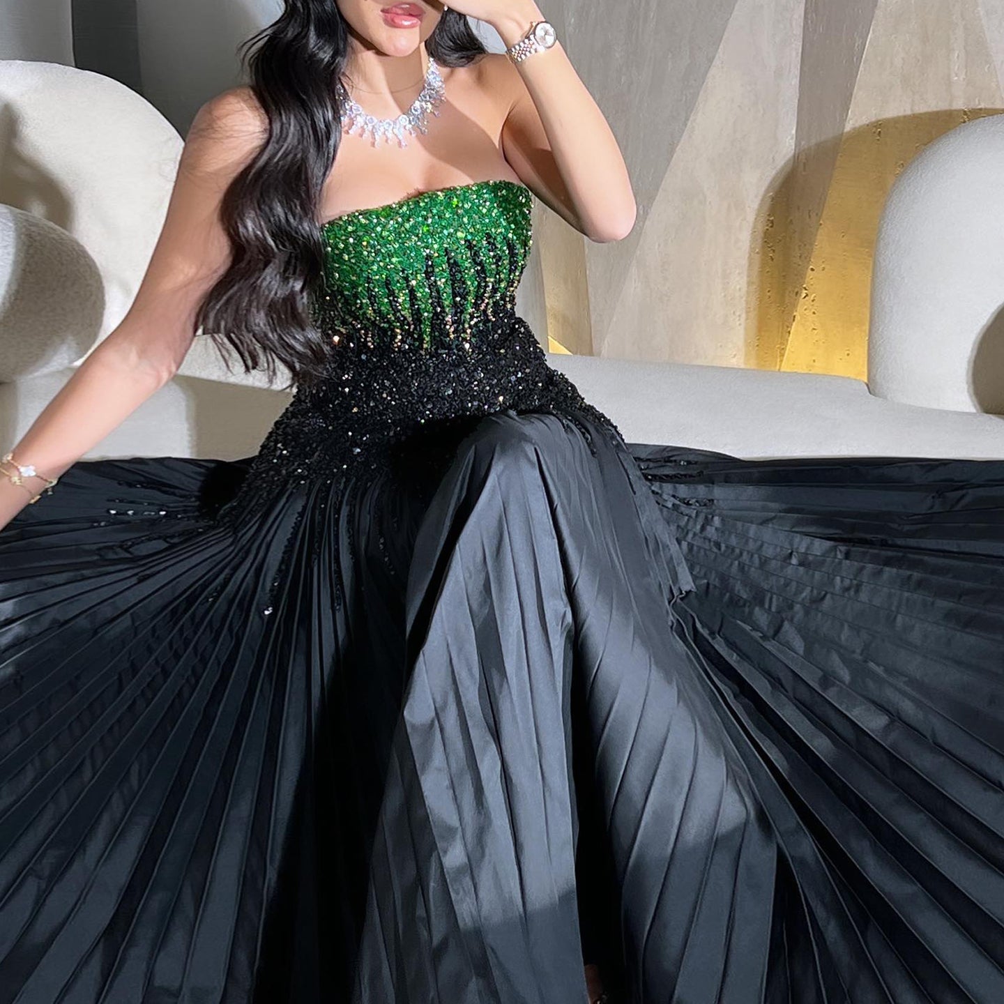 Luxury Beaded Black Green Strapless Evening Dress SS224