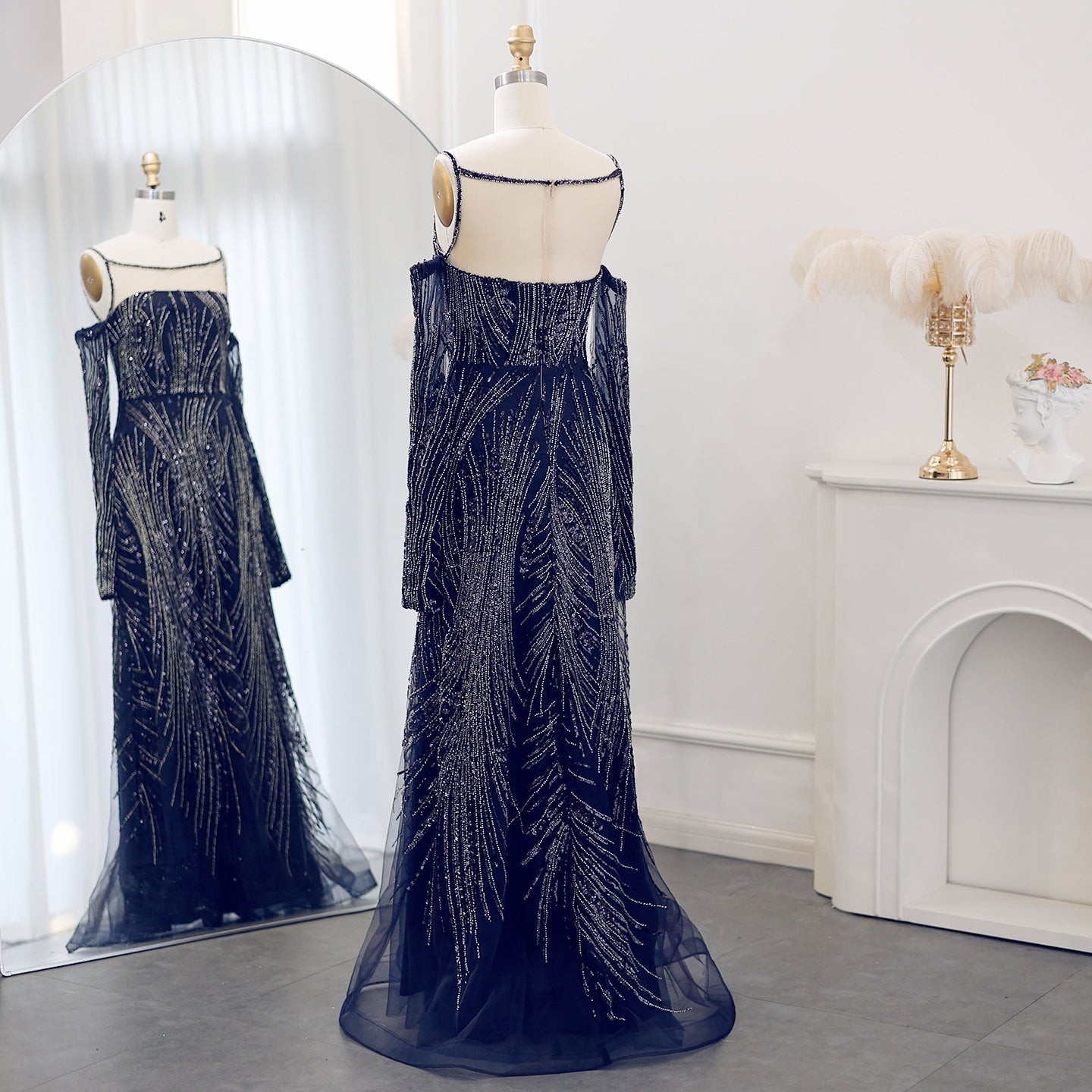 For Sale Luxury Navy Blue Evening Dress with Long Sleeves SS396