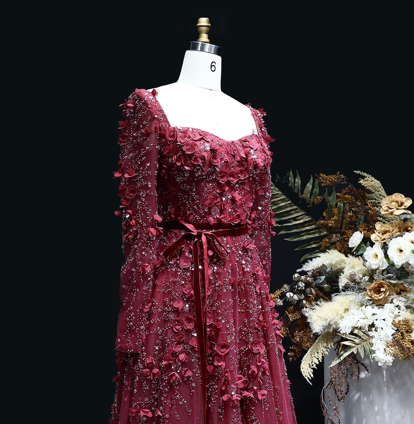 Luxury 3D Flower Gray Long Sleeves Evening Dress SS353