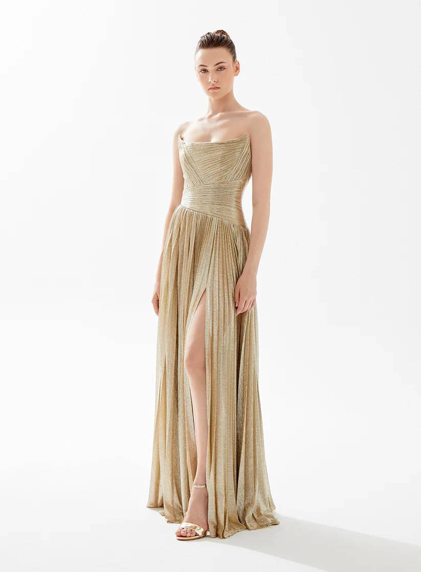 Elegant Gold Pleats Strapless Draped Evening Dress SF208