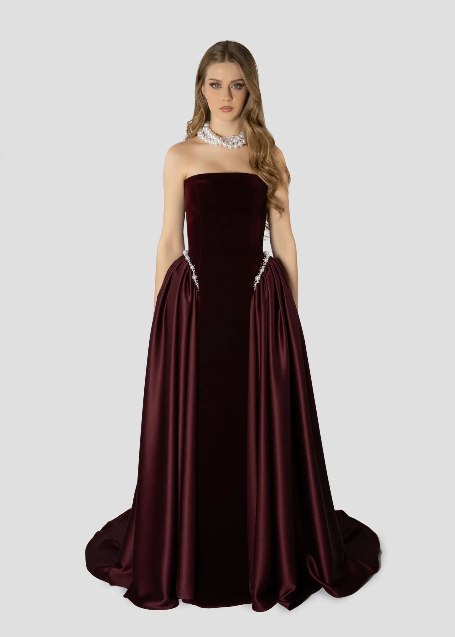 Elegant Black Strapless Evening Dress SF534  Burgundy / US 16