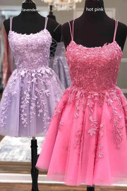 Short/Mini A-line Bateau Lace Tulle Homecoming Dress With Beading