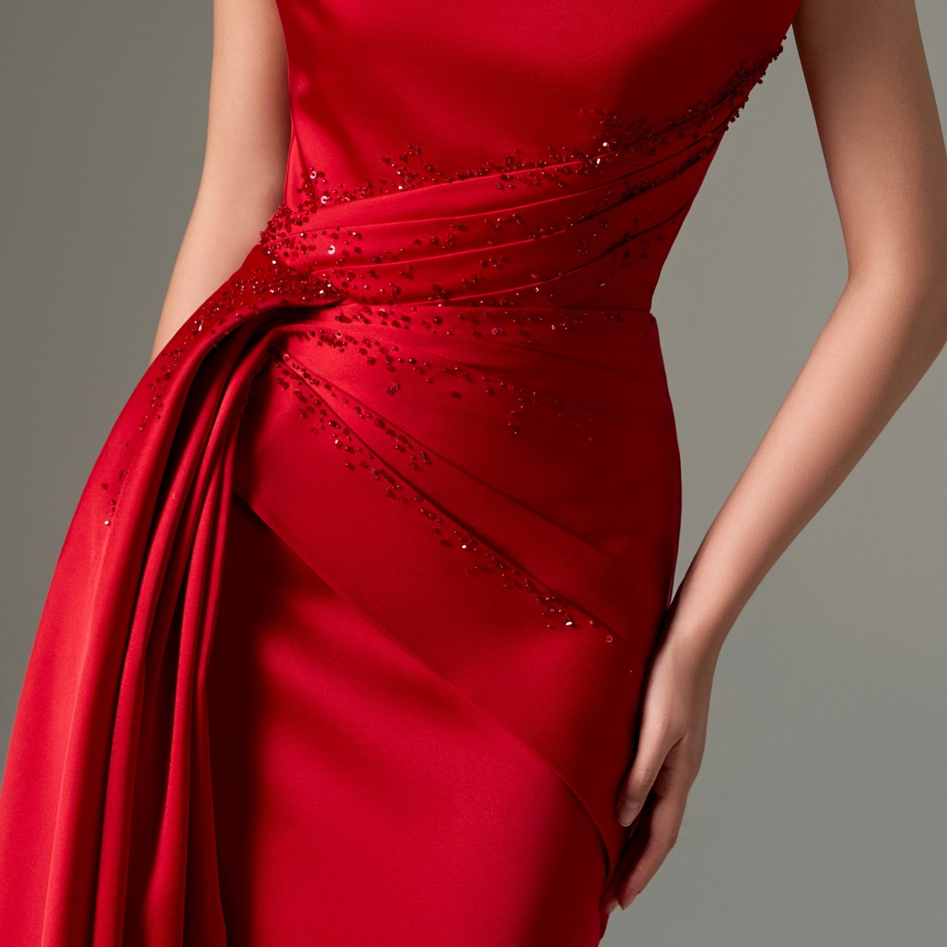Elegant Crystal Red Mermaid Evening Dress with Overskirt SF514