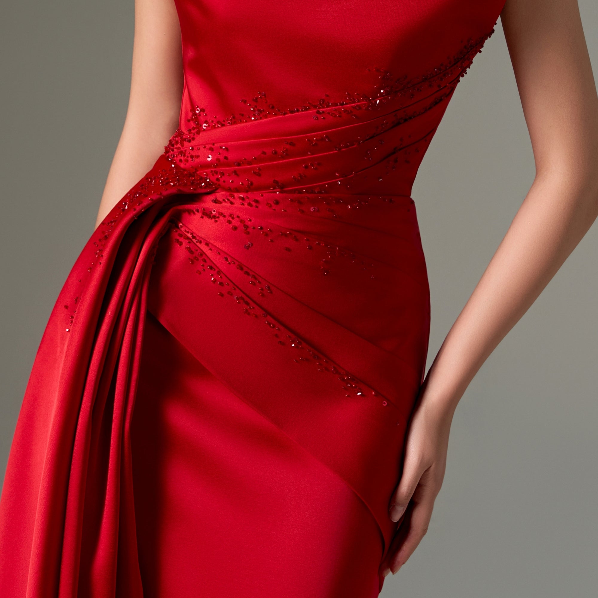 Elegant Crystal Red Mermaid Evening Dress with Overskirt SF514