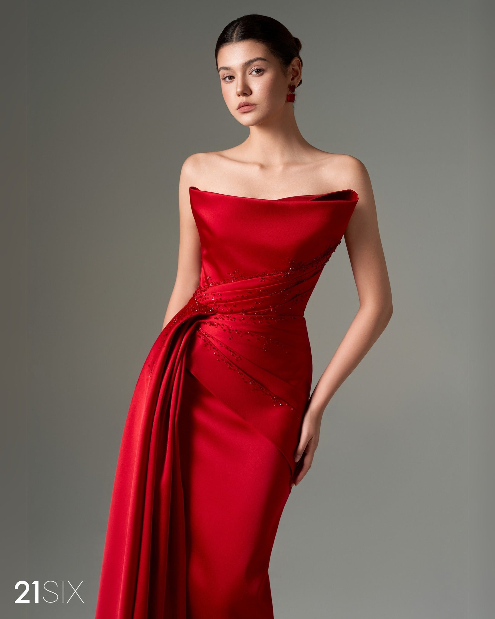 Elegant Crystal Red Mermaid Evening Dress with Overskirt SF514