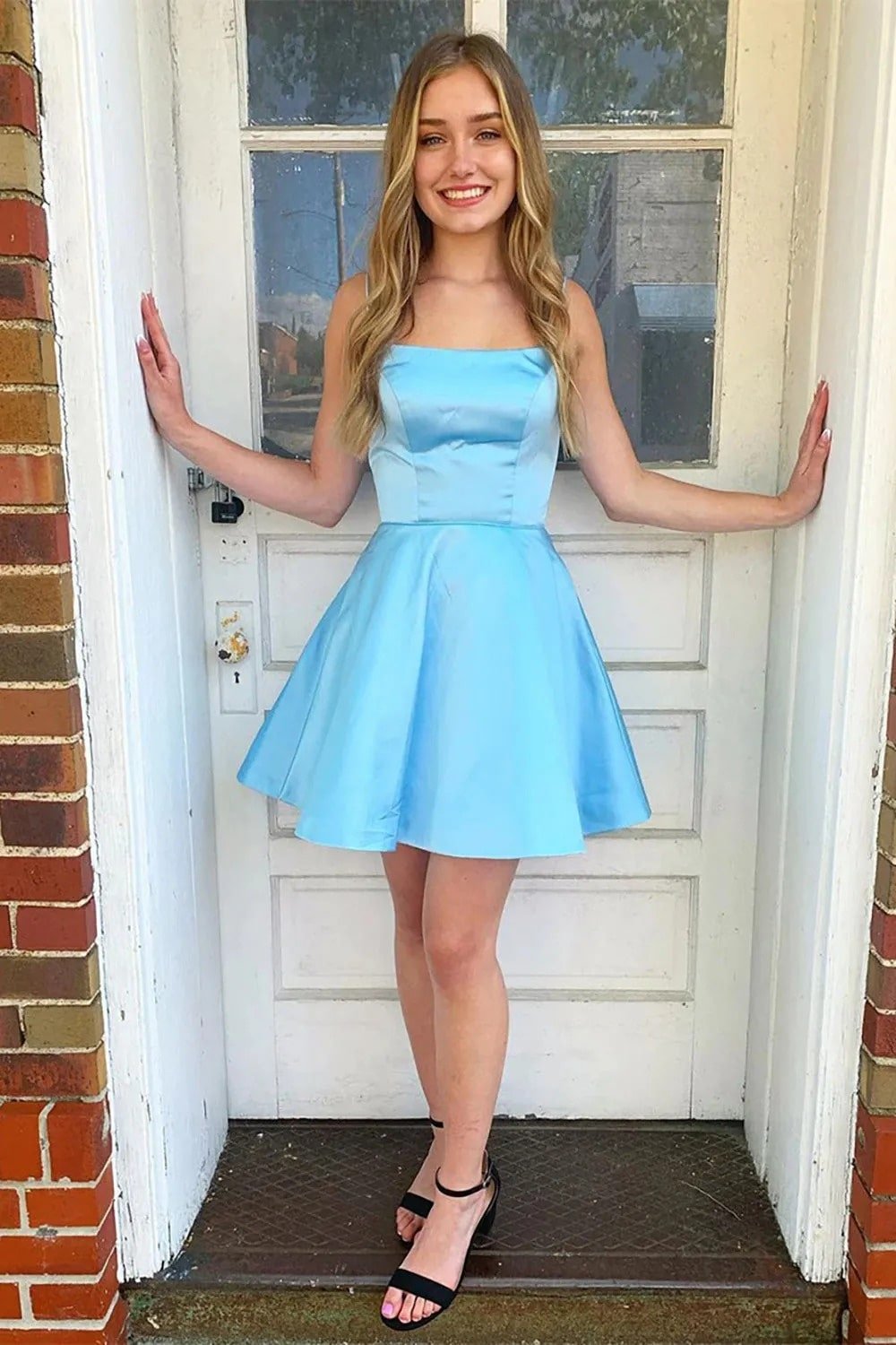 A-line Square Neckline Sleeveless Short/Mini Charmeuse Homecoming Dress-610