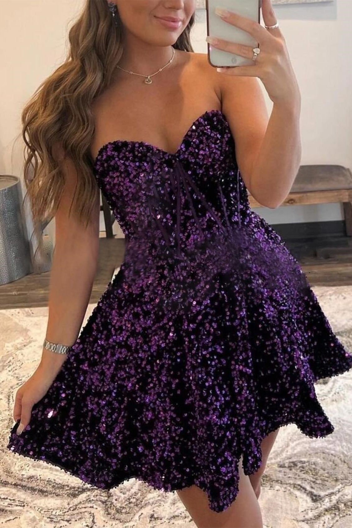 A-line Sweetheart Sleeveless Short/Mini Velvet Sequins Homecoming Dress with Pockets-614