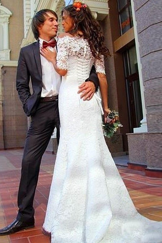 Trumpet/Mermaid Off-the-Shoulder 1/2 Sleeves Lace Court Train Wedding Dresses-702