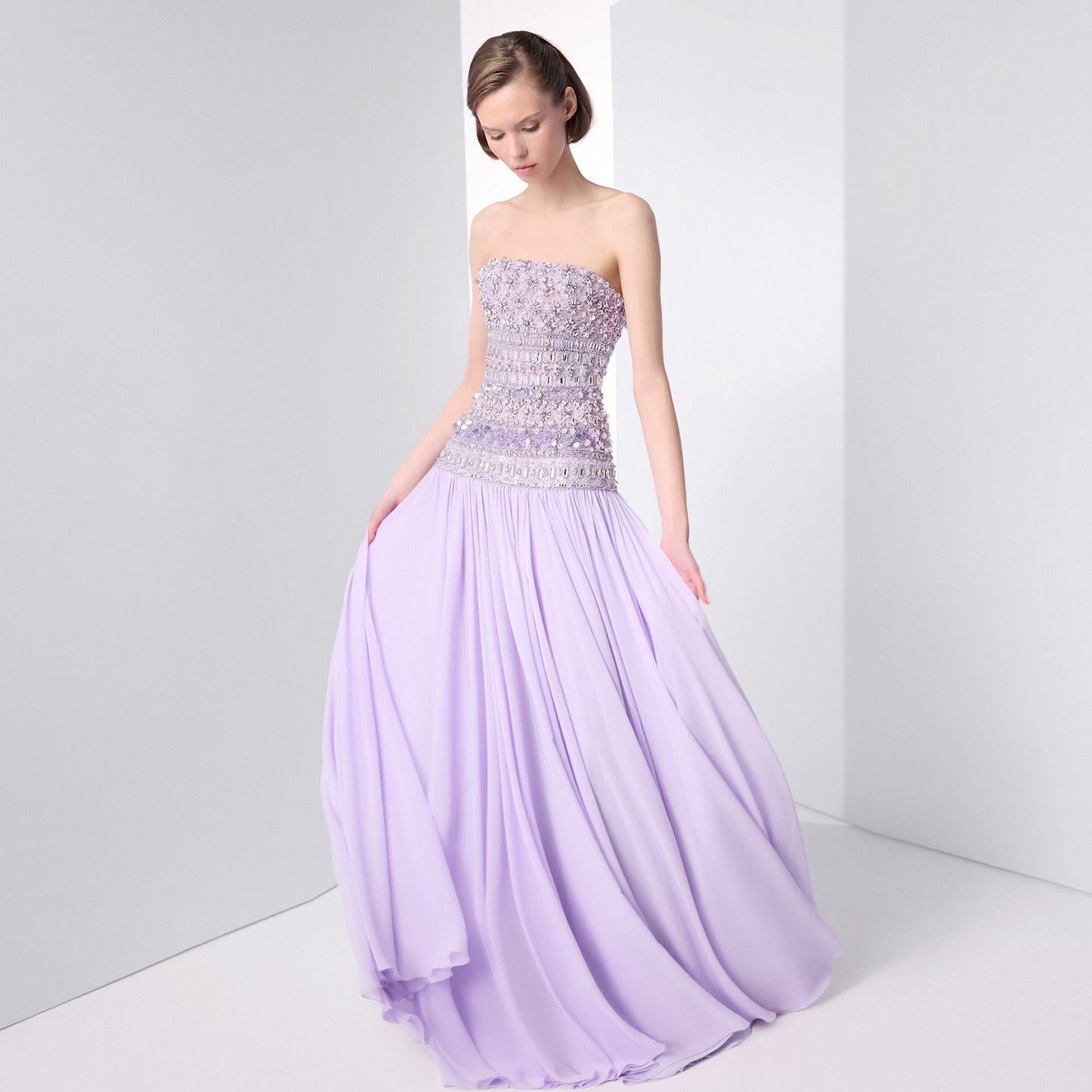 Strapless Lilac Beaded Bodice Evening Dress with Flowing Skirt SS539