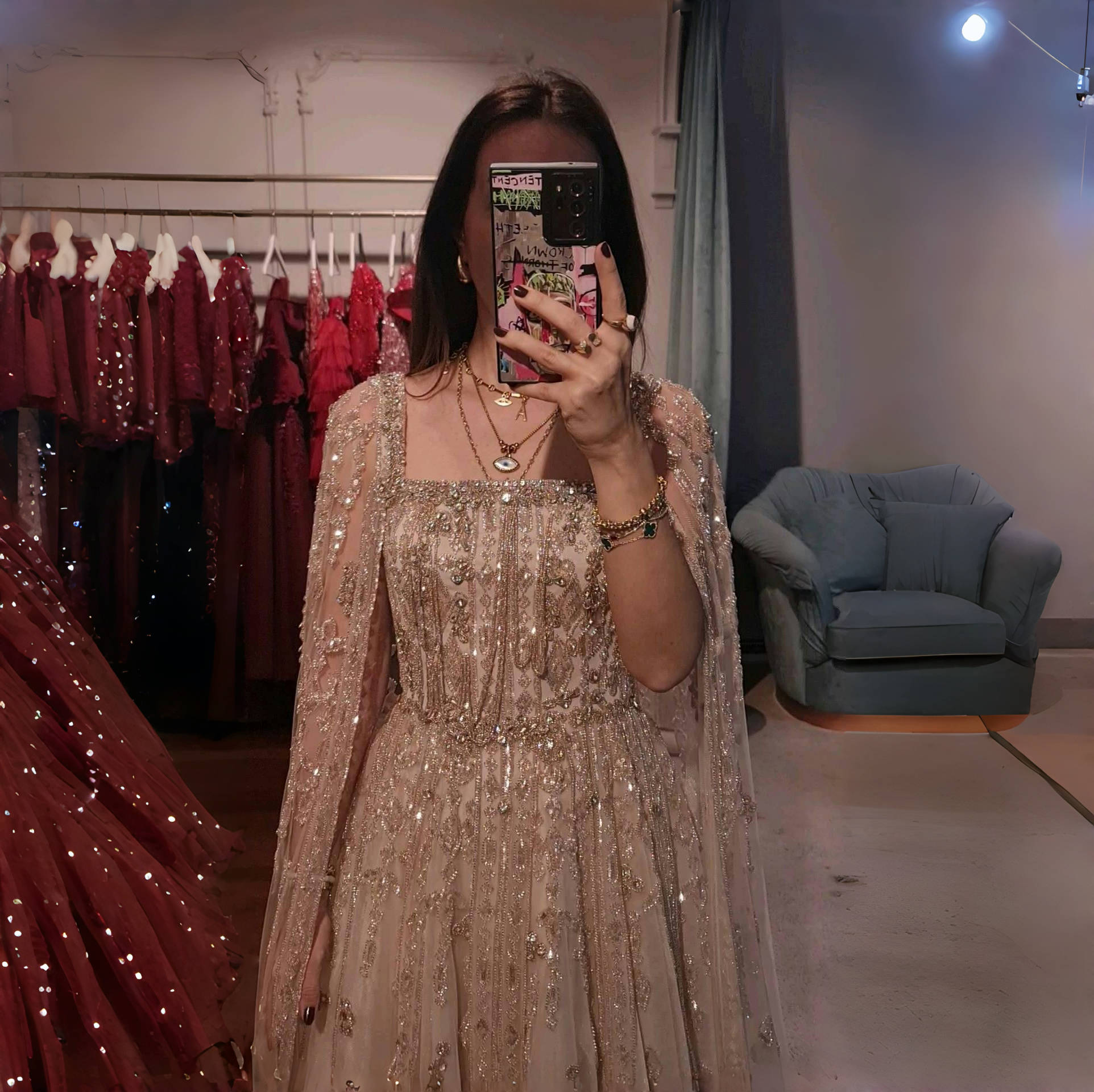 Luxury Nude Evening Dress with Cape Sleeves Chocker SS543