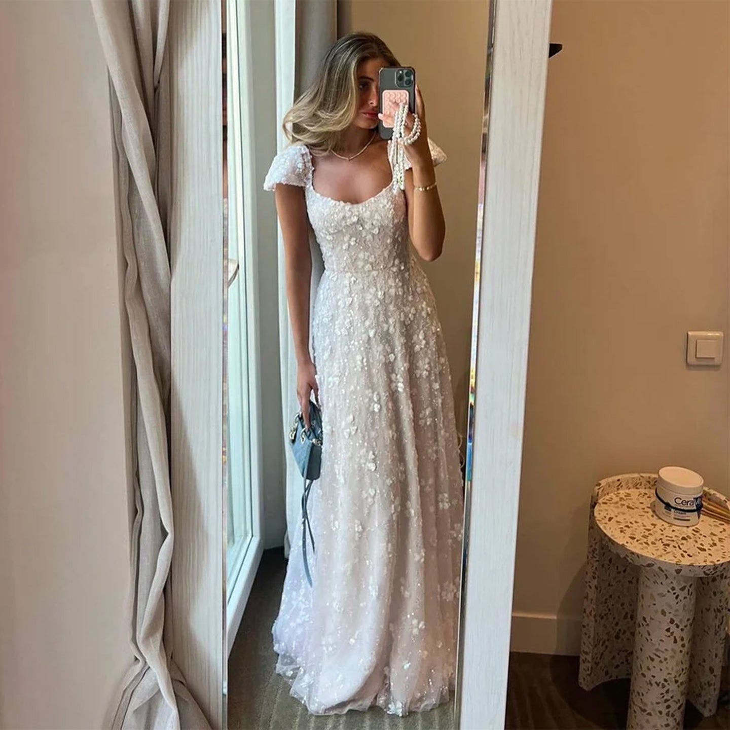 Chic Pink Floral Square Neck Evening Dress SS602