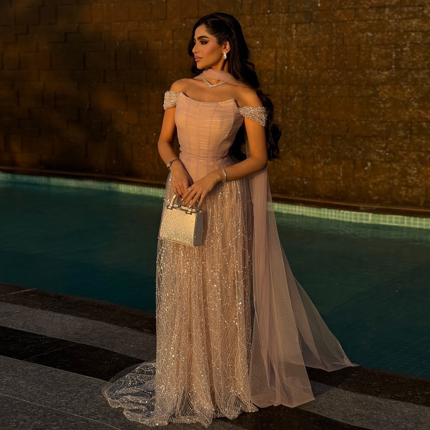 Romantic Beaded Pink Off Shoulder Evening Dress with Scarf SS766