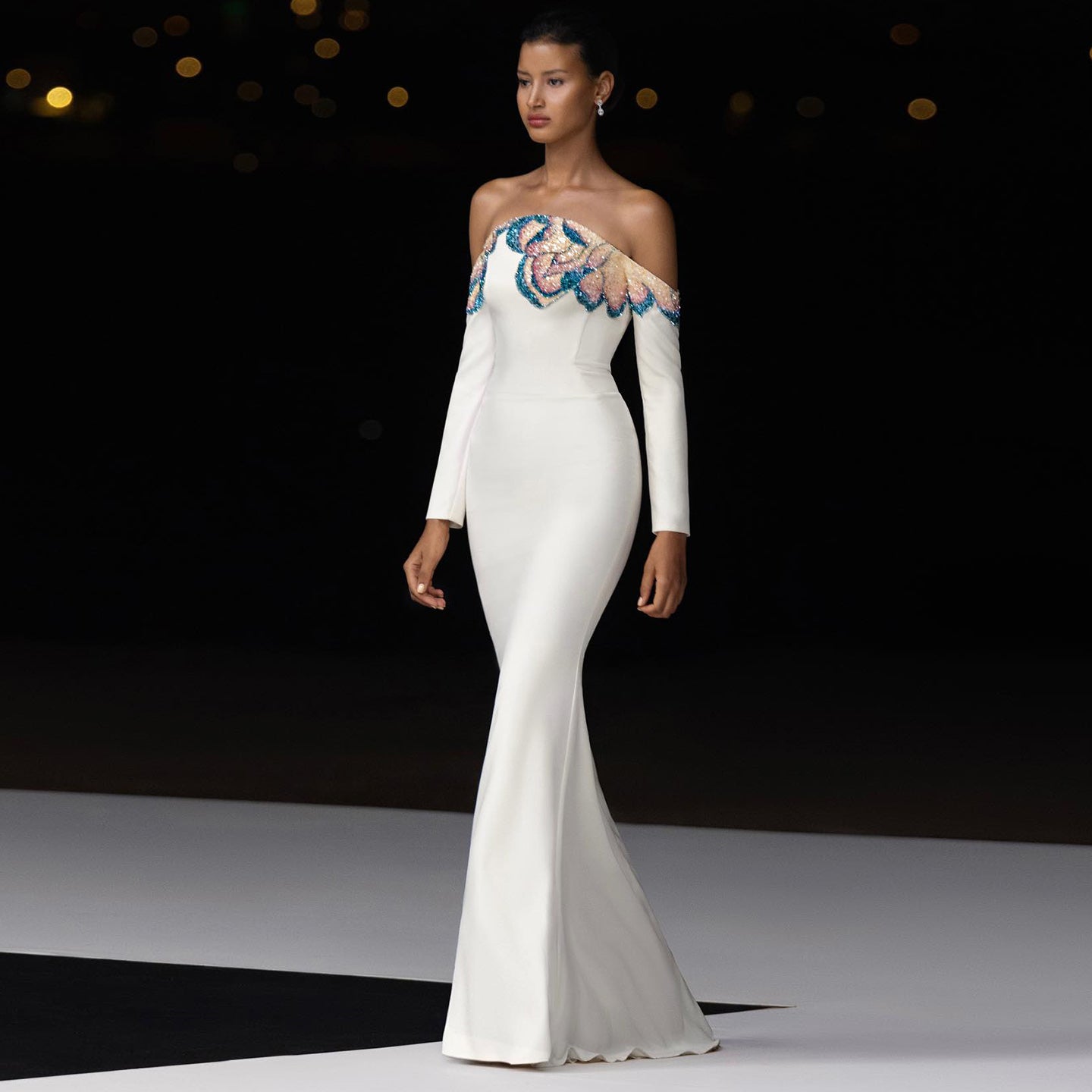 Elegant Beaded Off Shoulder White Evening Dress SS512