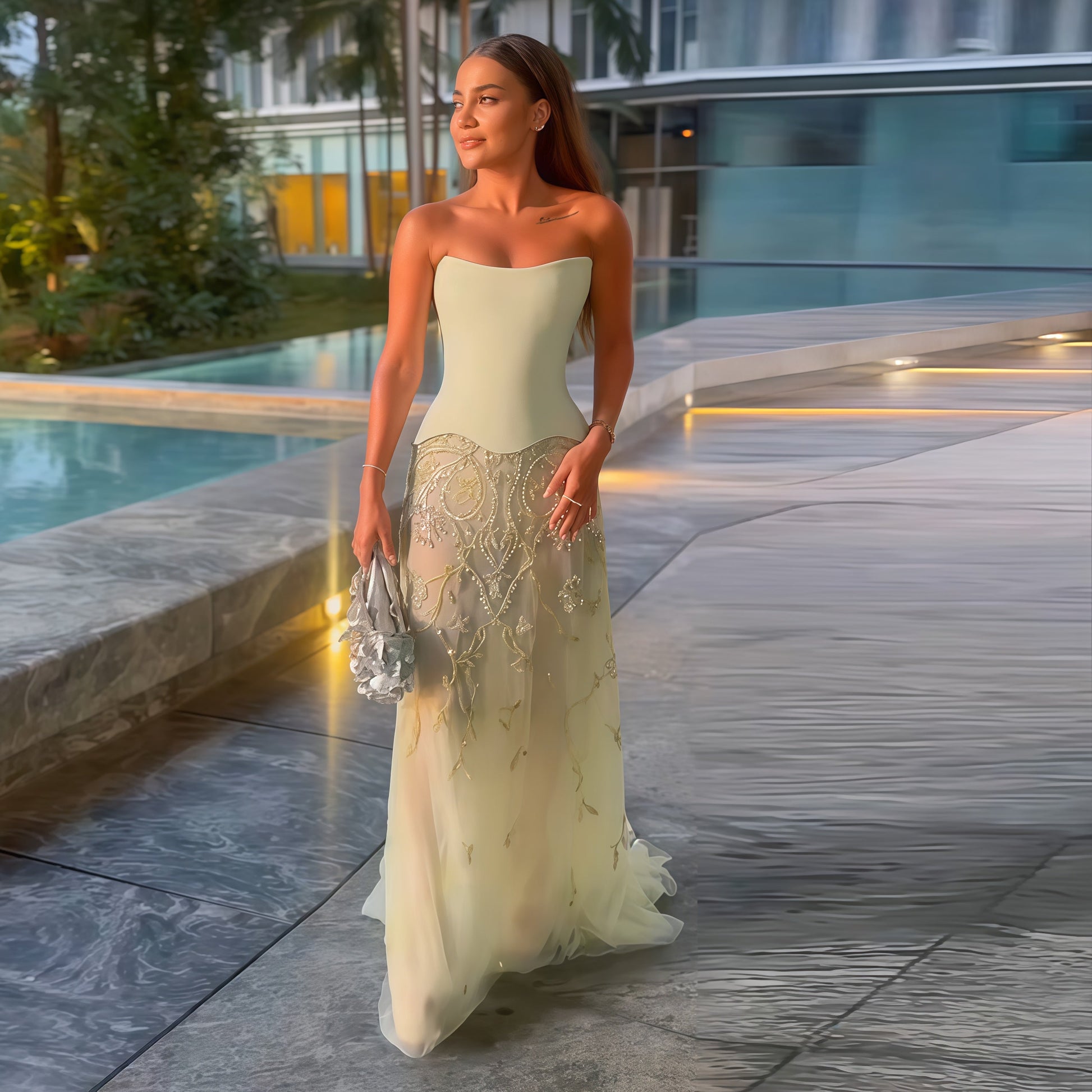 Luxury Sage Green Strapless Evening Dress SS254