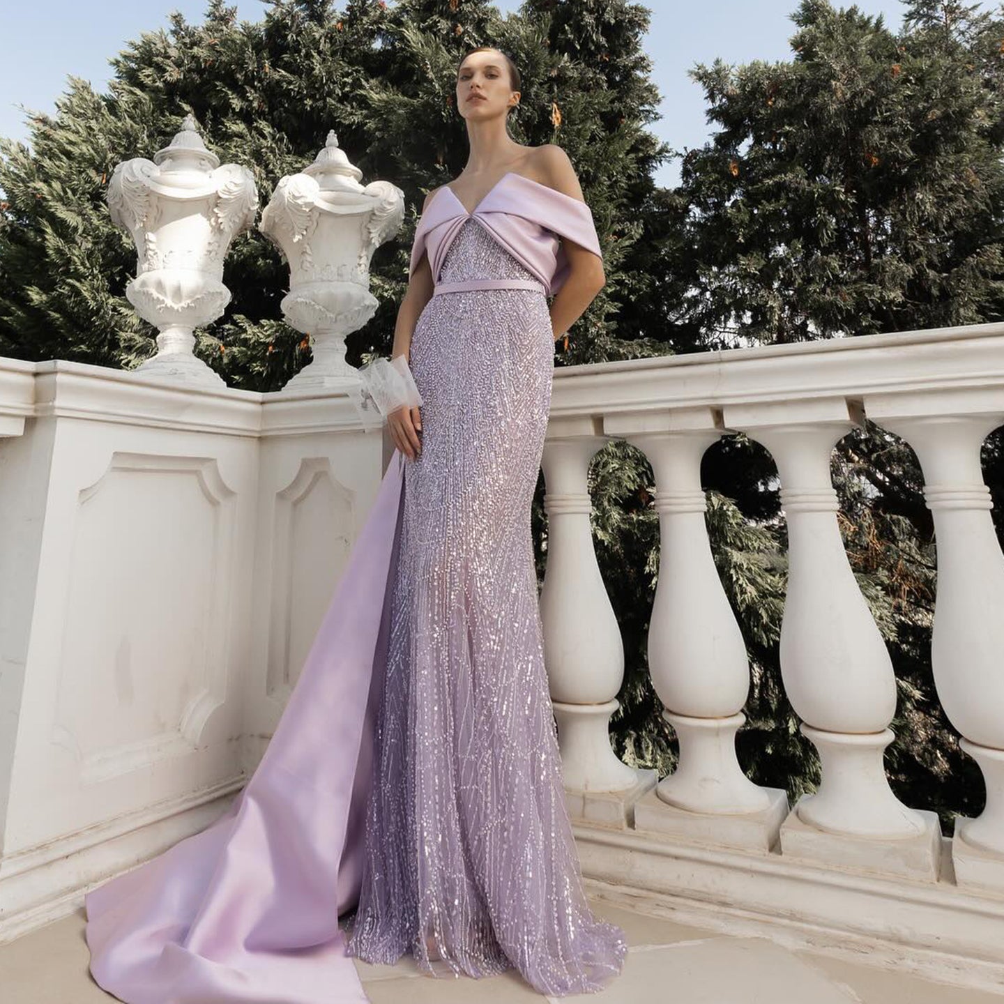 Luxury Beaded Off Shoulder Lilac Evening Dress SS624