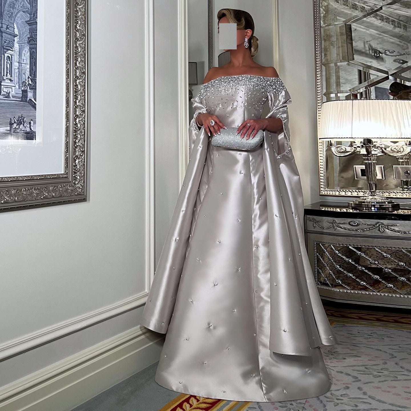 Luxury Off Shoulder Gray Arabic Evening Dress with Cape Sleeve SS575