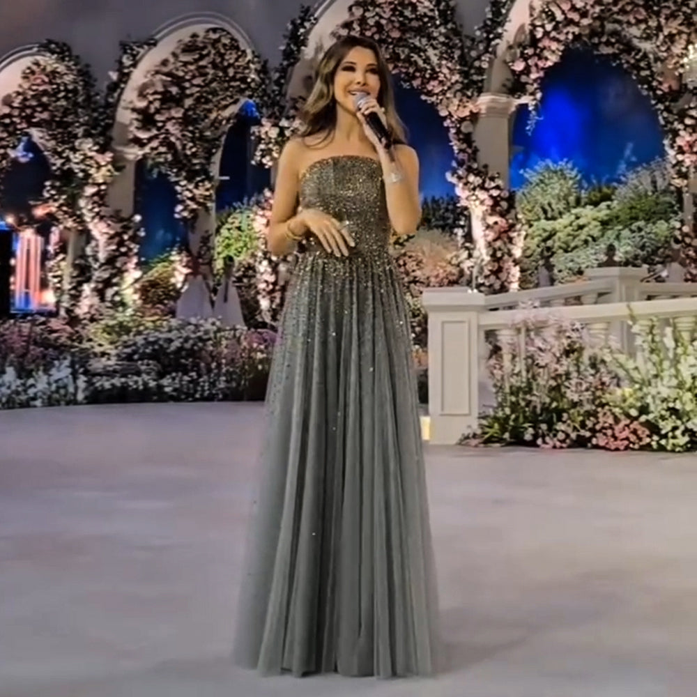 Dazzling Gray Crystal Spaghetti Evening Dress SS375