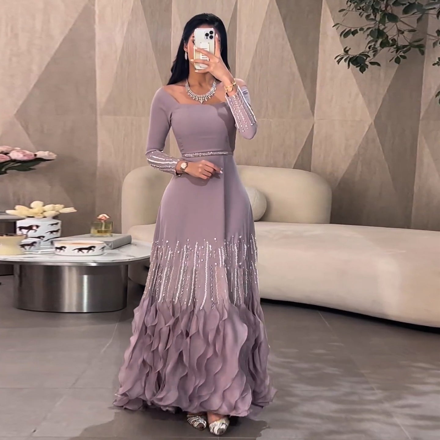 Luxury Lilac Ruffles Long Sleeve Evening Dress SS579