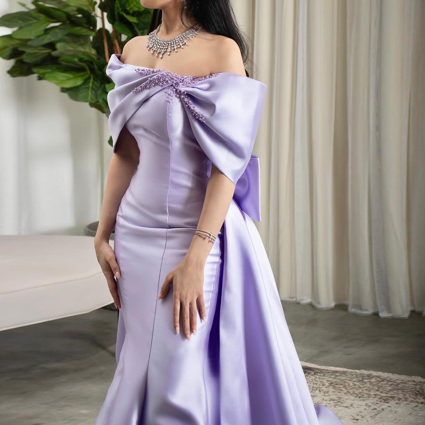 Elegant Off Shoulder Lilac Evening Dress with Overskirt SS400