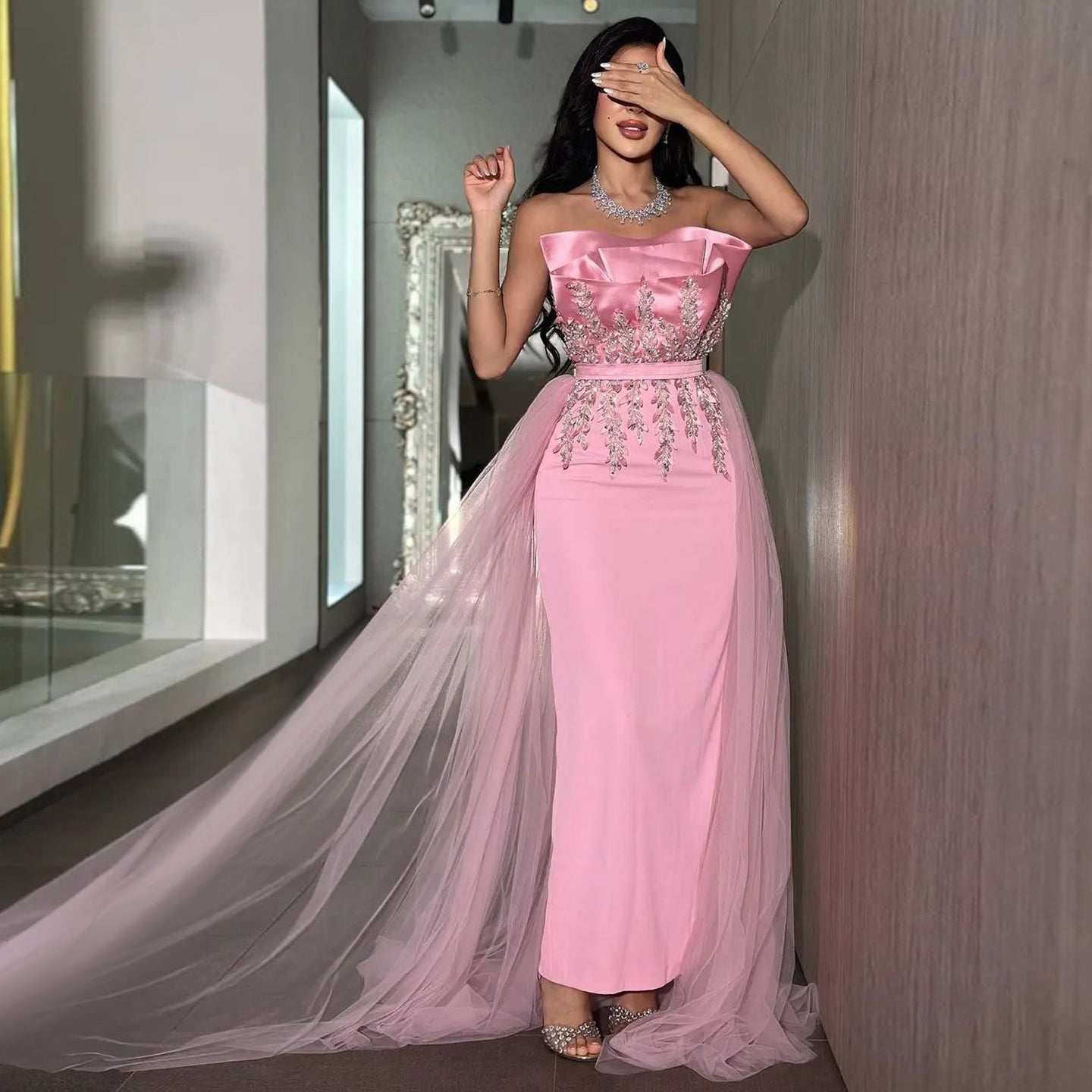 Elegant Pink Crystal Evening Dress with Overskirt SS213