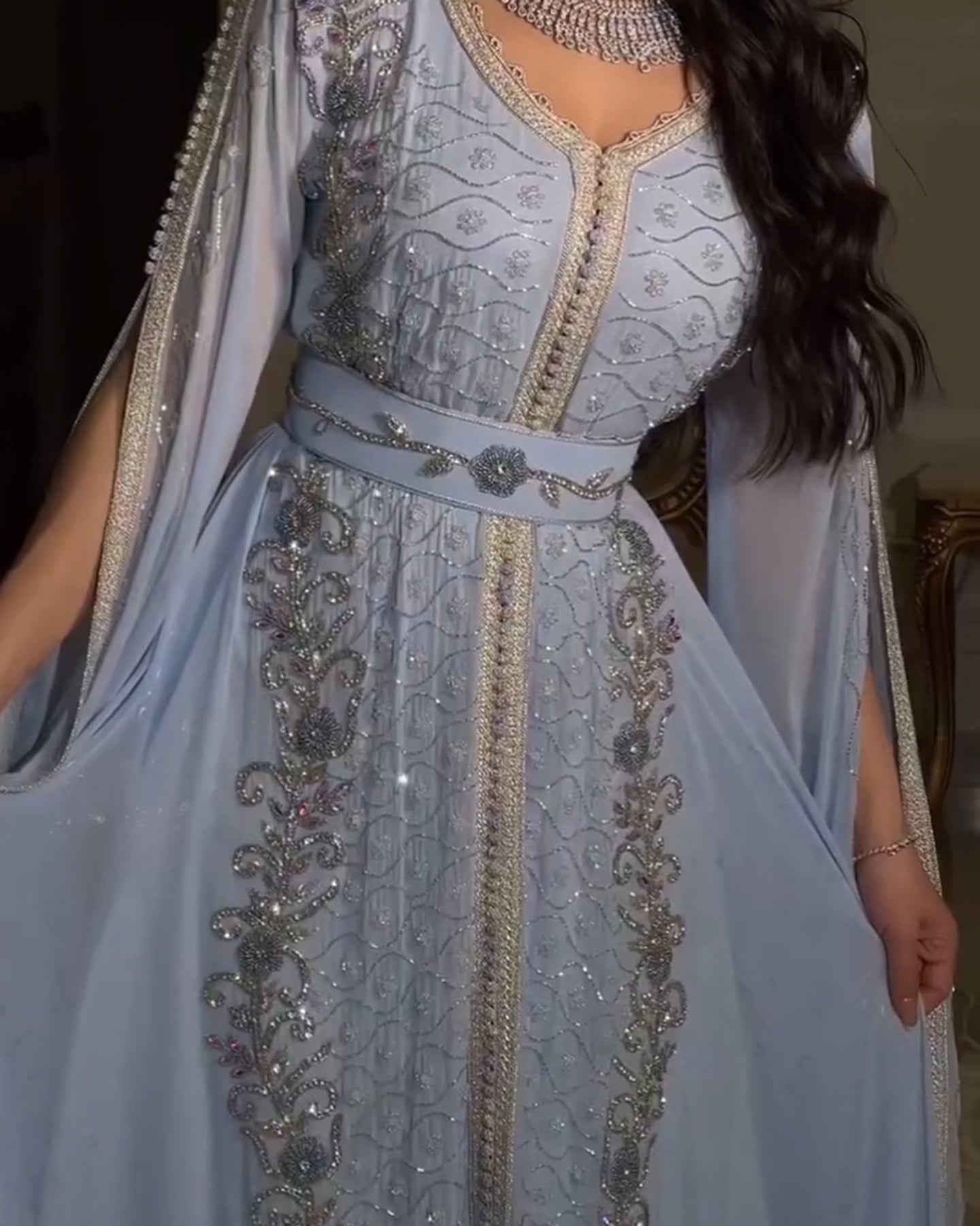 Luxury Moroccan Kaftan Blue Long Sleeve Evening Dress SS404