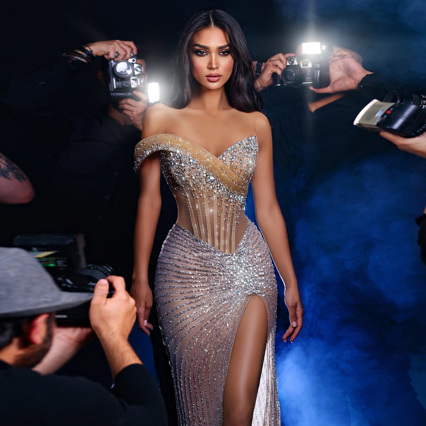 Luxury Crystal Beaded Silver Evening Dress with Slit SS563 