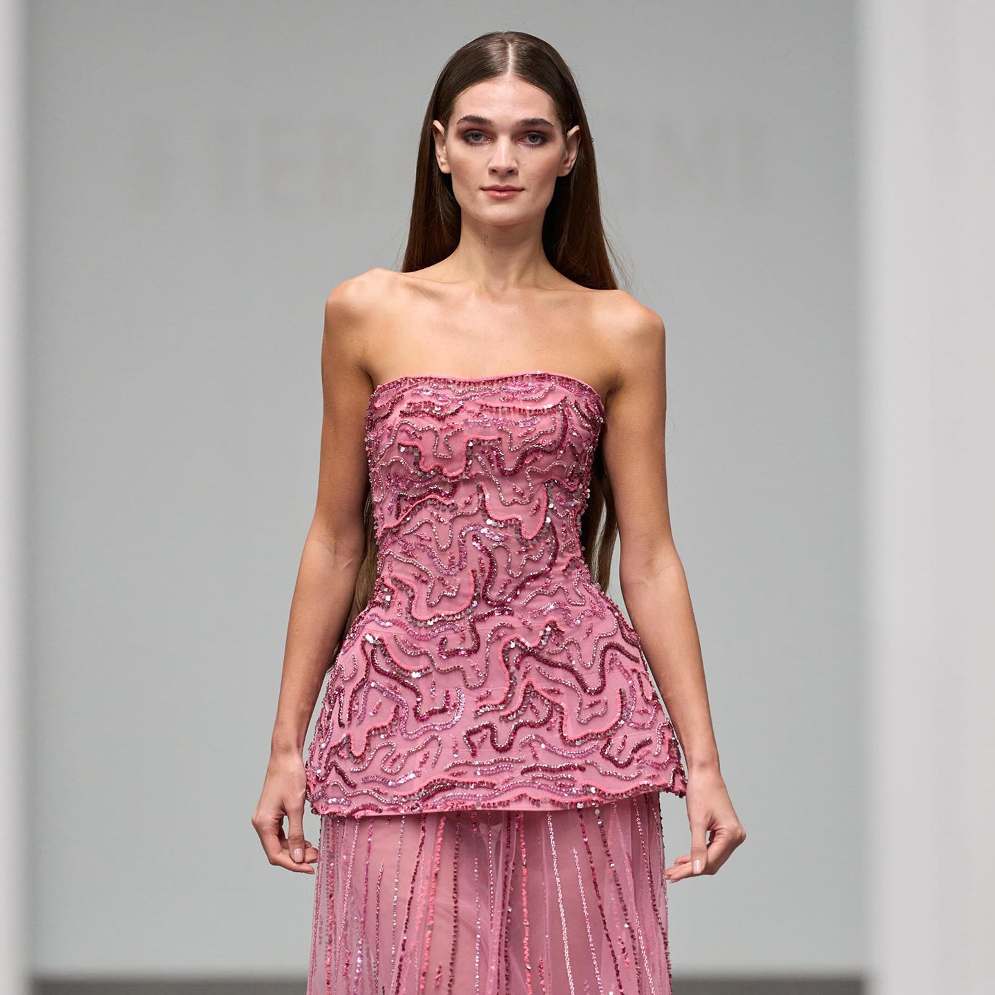 Elegant Rose Pink Crystal Sequin Two Pieces Evening Dress SS218 